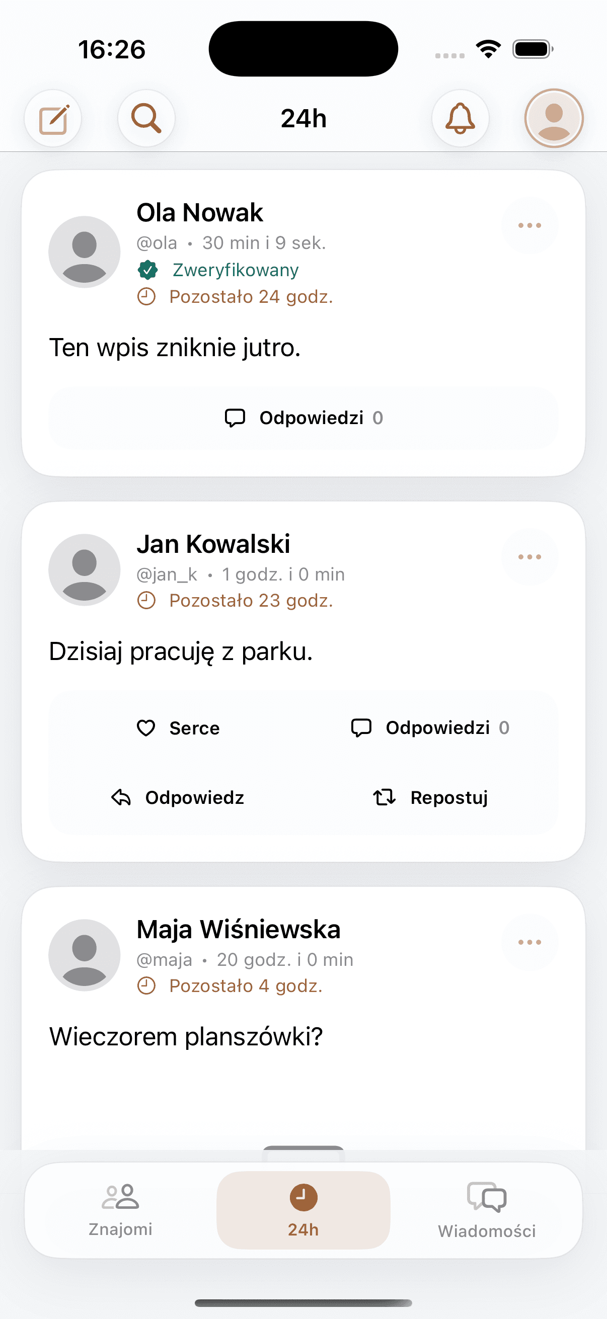 Feed treści znikających po 24 godzinach