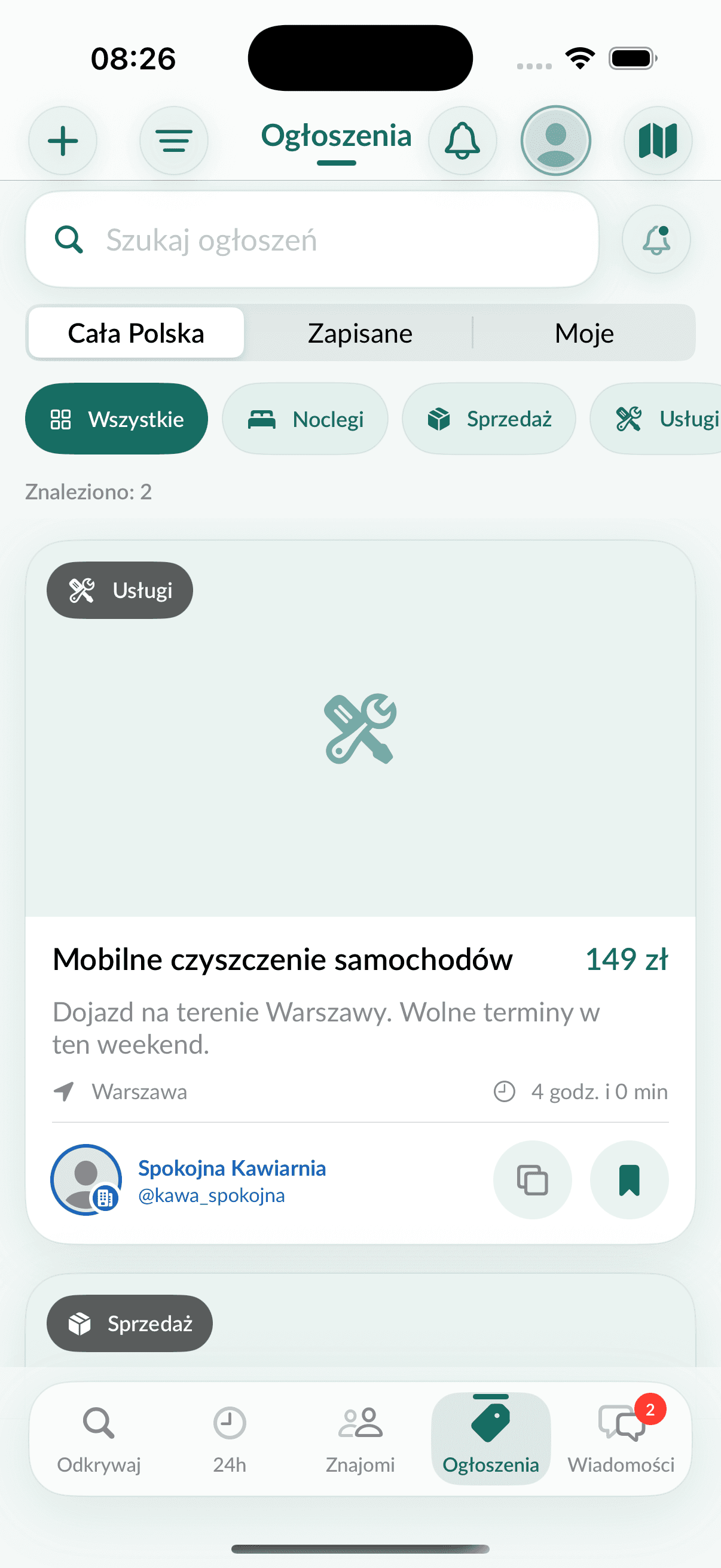 Rzeczywisty widok ogłoszeń Polchat na iPhonie
