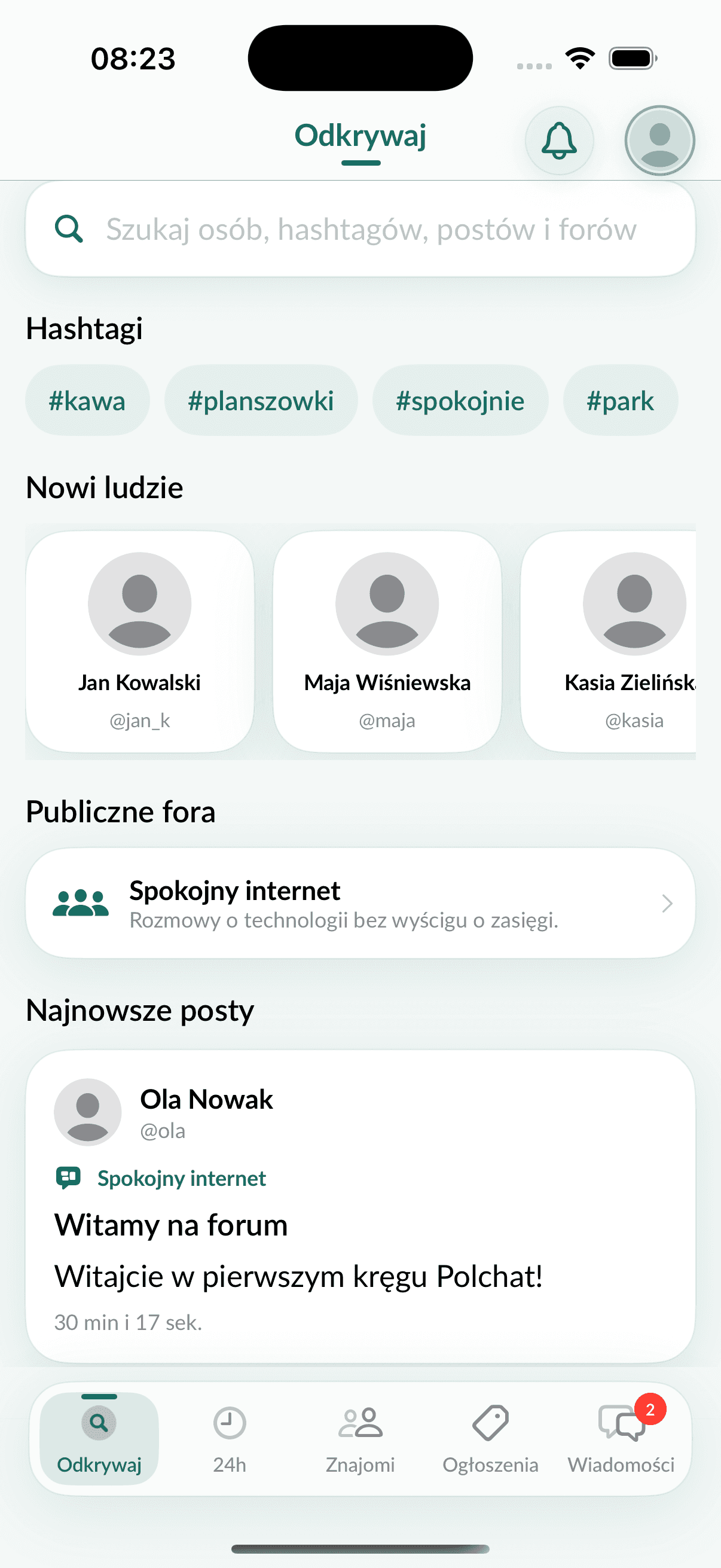 Rzeczywisty widok ekranu Odkrywaj w Polchat na iPhonie