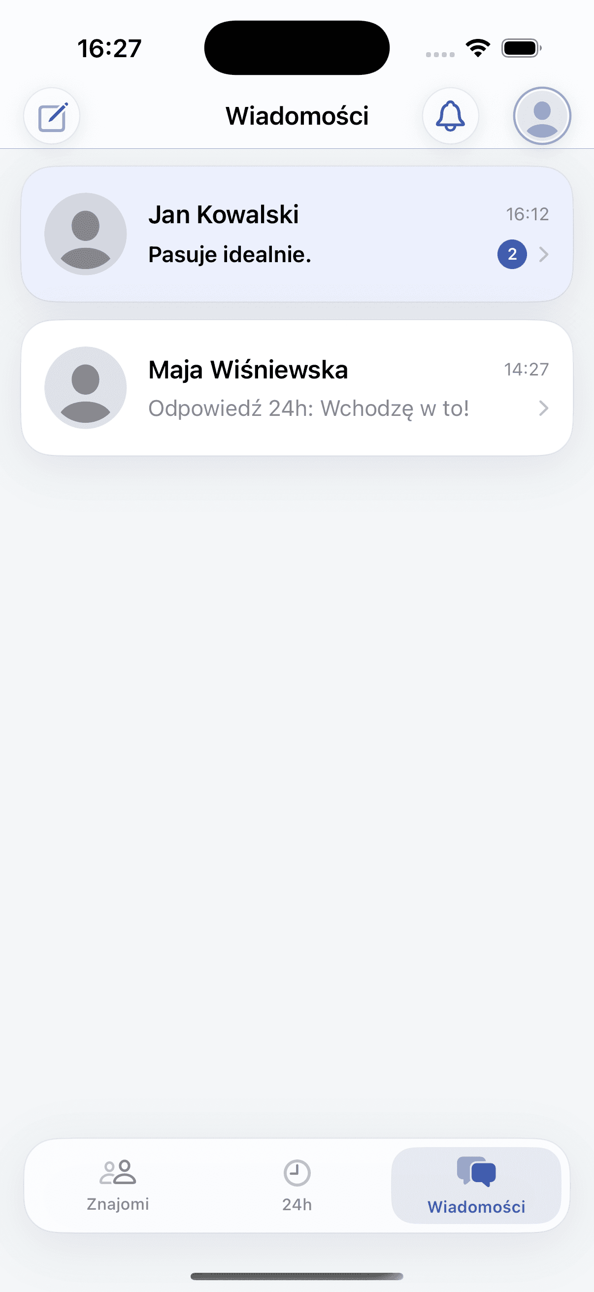 Rzeczywisty widok wiadomości Polchat na iPhonie